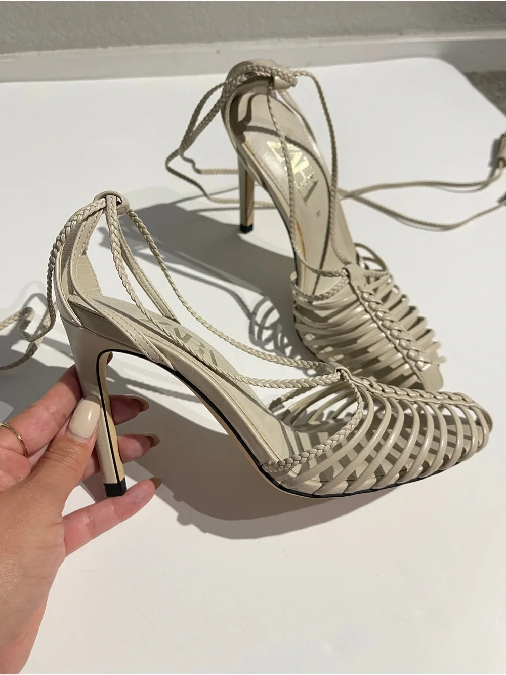 Zara Braided Ivory Strappy Lace-Up Heeled Sandals - Picture 3 of 4